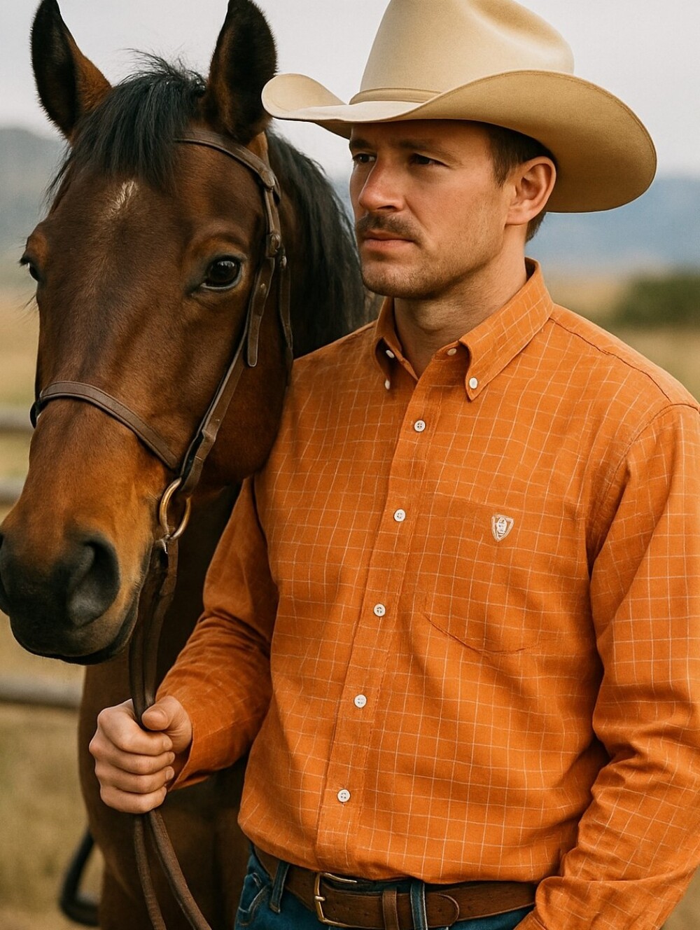 Ariat Pro Series Orange Grid Check Long Sleeve Shirt Size Large